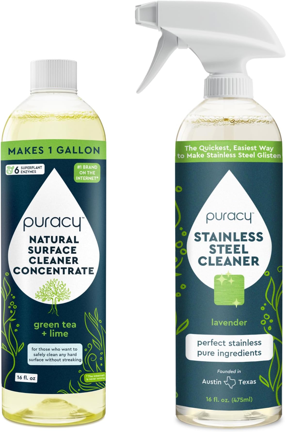 PuracyNatural Surface Cleaner Concentrate Multi Purpose Cleaner Green Tea & Lime & Natural Stainless Steel Sink Cleaner Lavender Spray Bundle