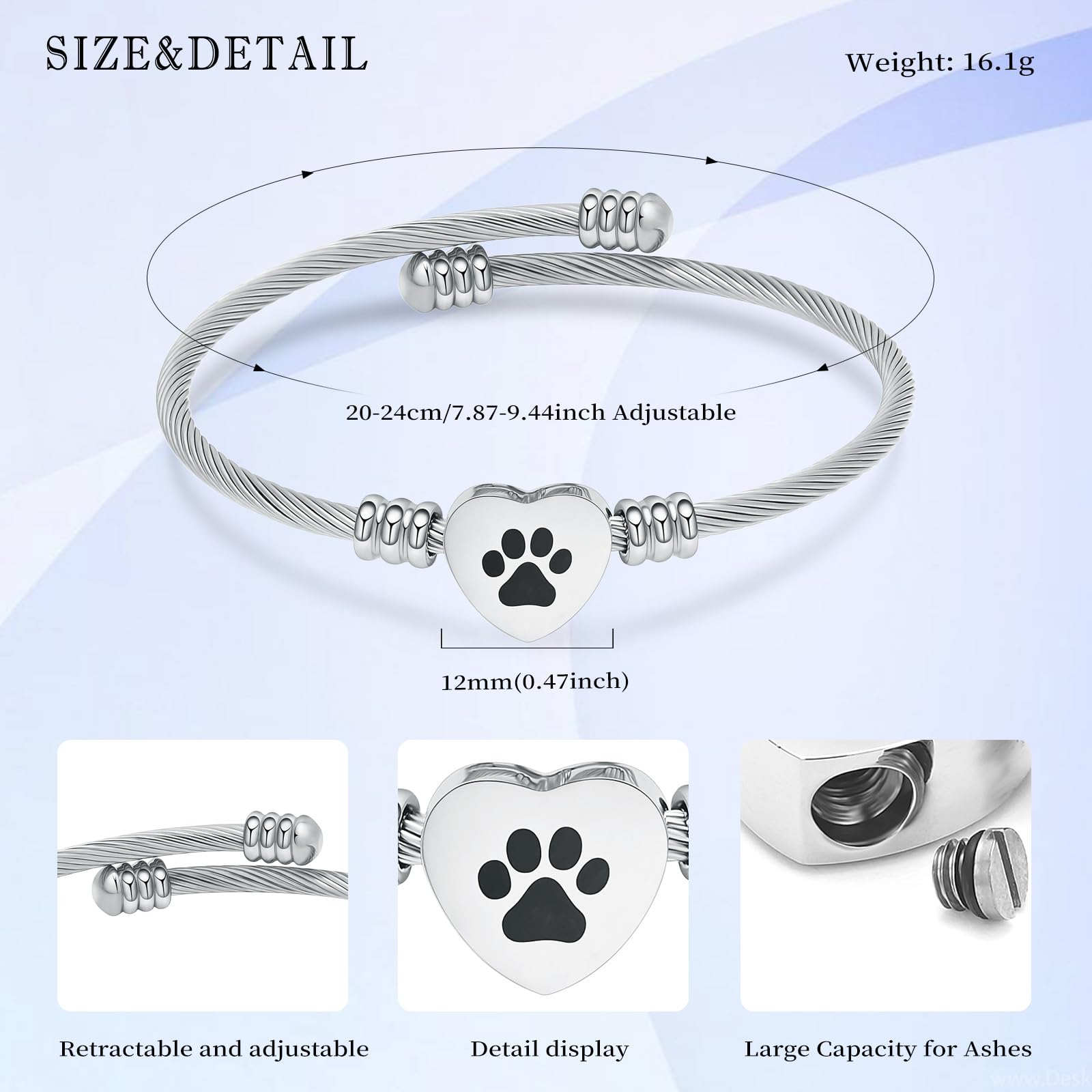 QGJNSGC Cremation Bracelet for Ashes Memorial Jewelry Stainless Steel Pet Paw Heart Shape Urn Pendant Bangle Loved Ones Funeral Ashes Holder Keepsake Gift - Image 2