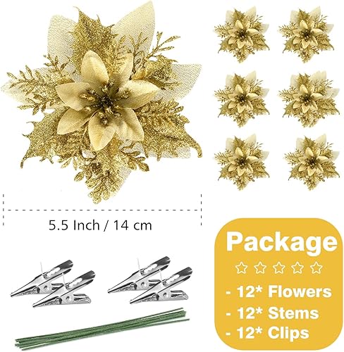 Miniatura 41 de Decoraciones de flores artificiales de Pascua de Navidad, flores de Navidad con brillantina, guirnaldas de árboles de Navidad, adornos para fiestas