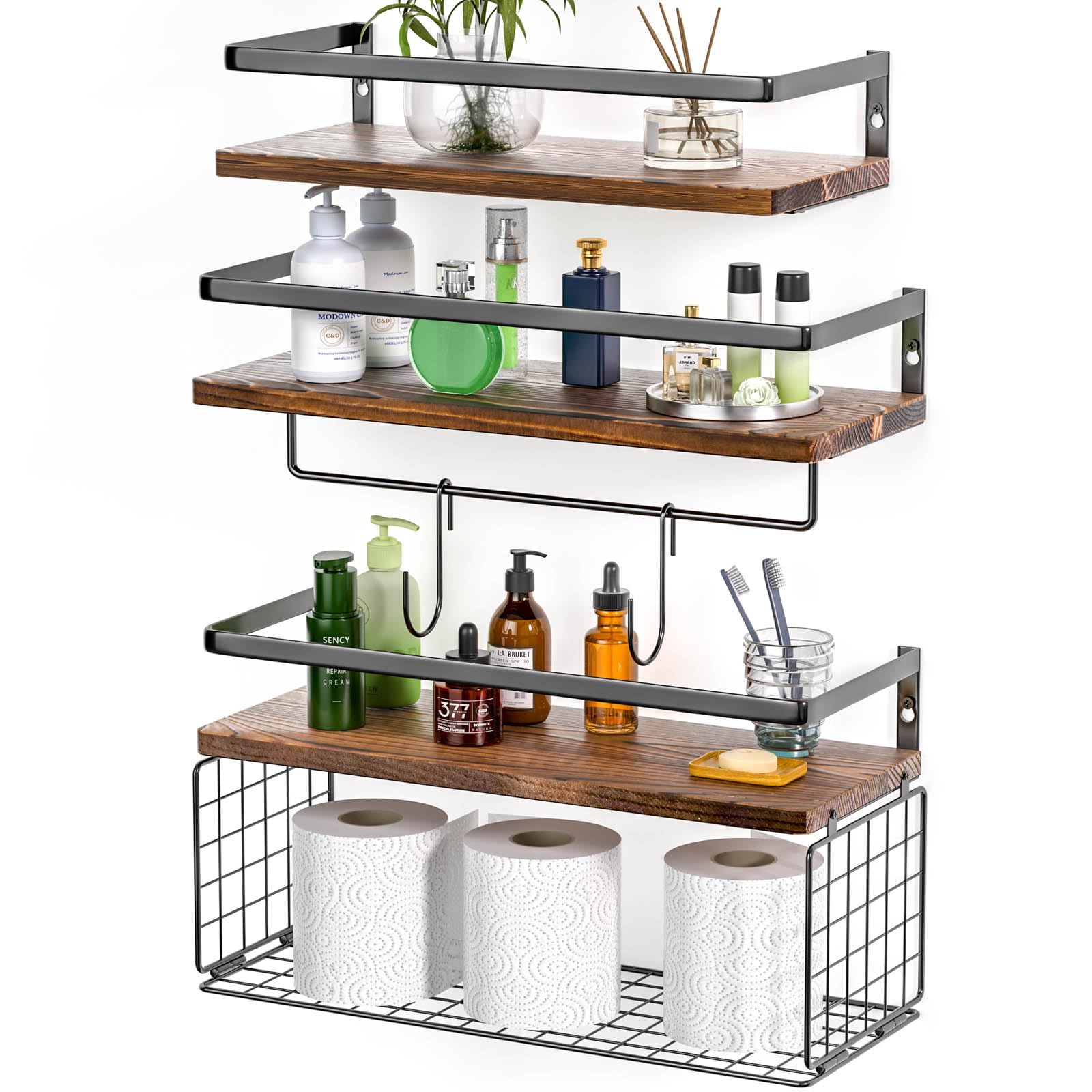 WOCOPIA 3+4 Bathroom Shelves Wall Mounted Over Toilet with Towel Bar Rack & Toilet Paper Storage Basket & Hooks, Hanging Floating Shelves Bathroom for Wall Decor, Bathroom Organizers and Storage Brown