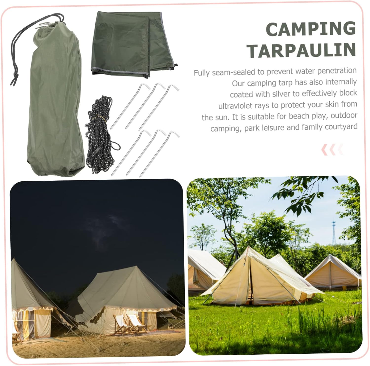 Uv Protection Tent Camping Tarp Sunshade Tarp Oxford Fabric Easy to Set up 3x3m Green