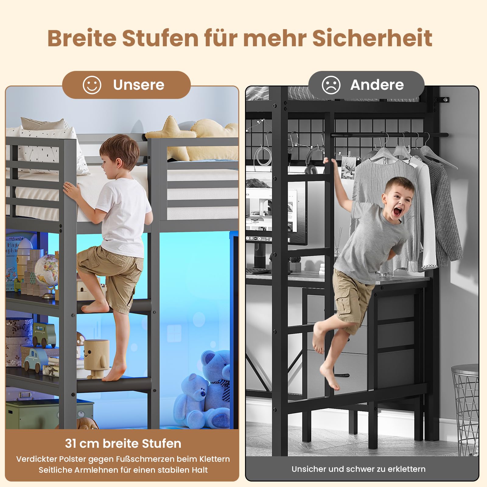 AOGLLATI Hochbett 90x200 mit LED, 9 Schubladen, Treppe als Ablagen nutzbar | Kinderbett mit Rausfallschutz 32 cm, Spielvorhang, Spielbereich unter dem Bett für Kinder, Grau+Blau, ohne Matratze
