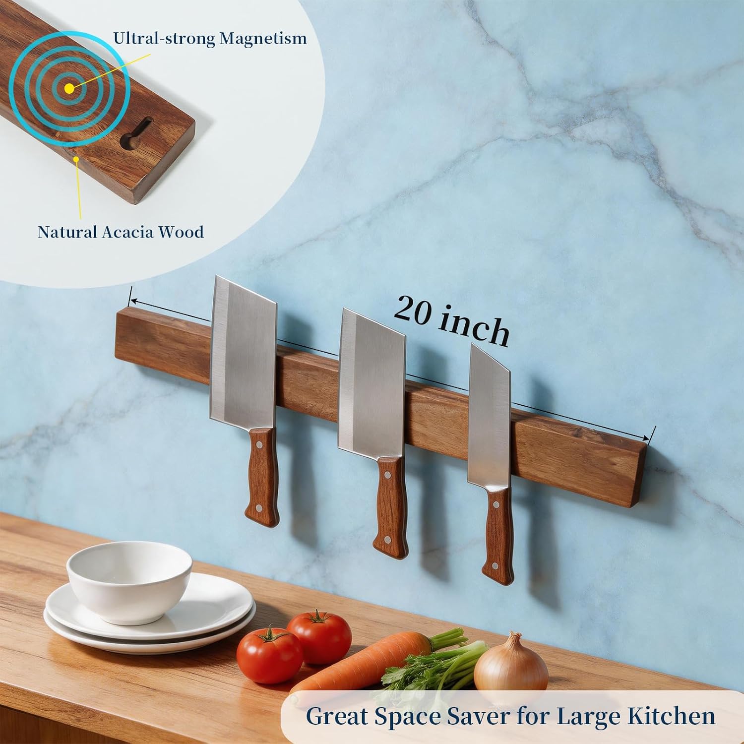 Magnetic Knife Holder for Wall, 20 Inch Acacia Wood Magnetic Knife Strip with Strong N52 Magnets, No Drill Knife Bar for Kitchen Knives & Utensils, Space-Saving Organizer for Kitchen, RV, Farmhouse