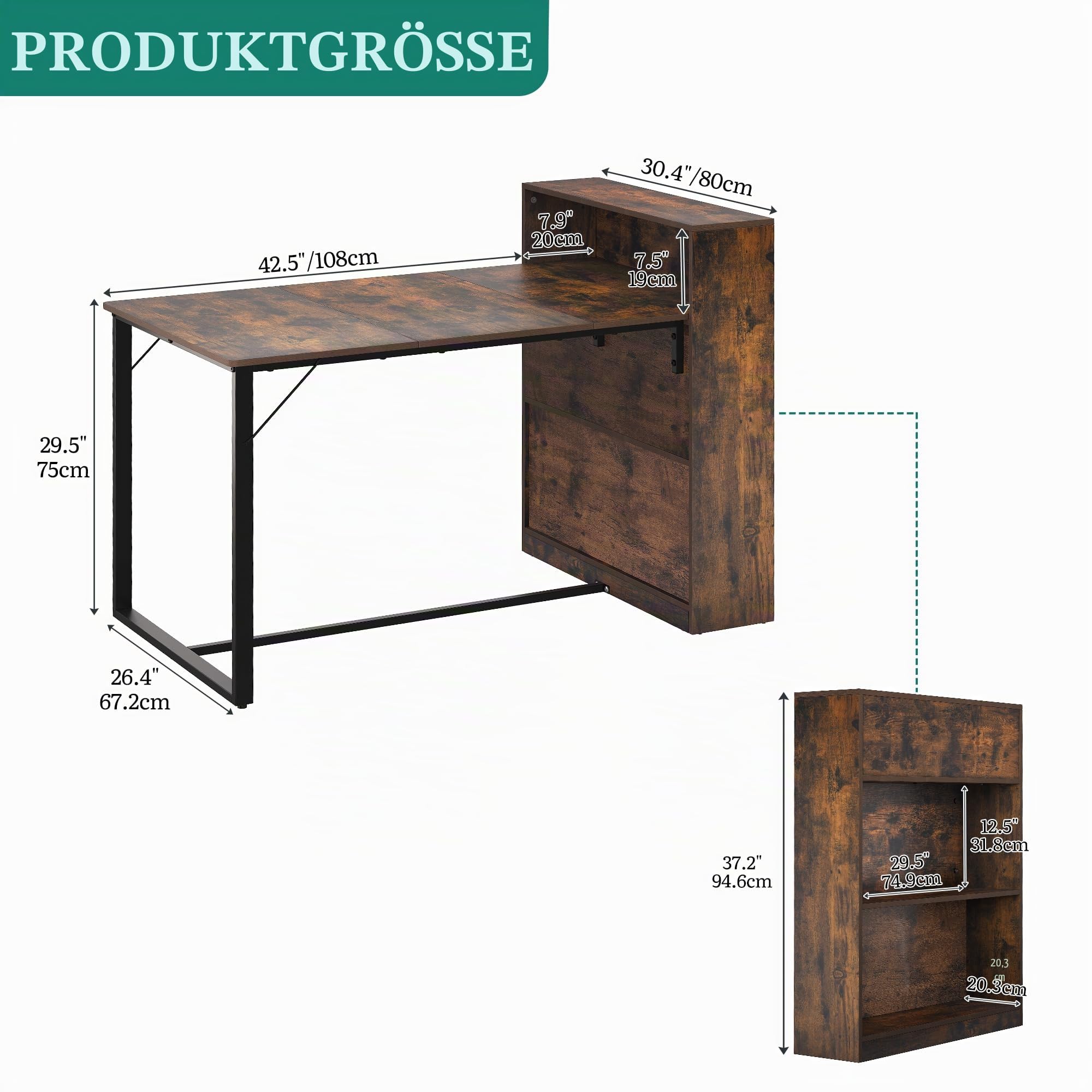 YITAHOME Esstisch mit Ablageflächen, 130 x 77,4 x 75/95 cm, stabiles Metallgestell, Industriestil, für Wohnzimmer, Küche, Rustikales Braun und Schwarz