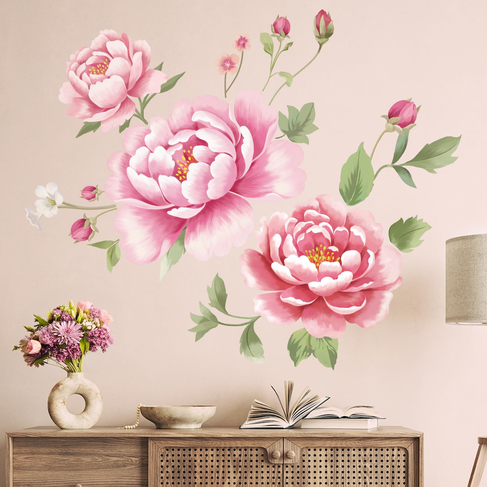 SHUCHING Pink Peony Wall Stickers Peel and Stick, Removable Flower Floral Botanical Wall Decor for Bedroom Living Room Hallway — image 1