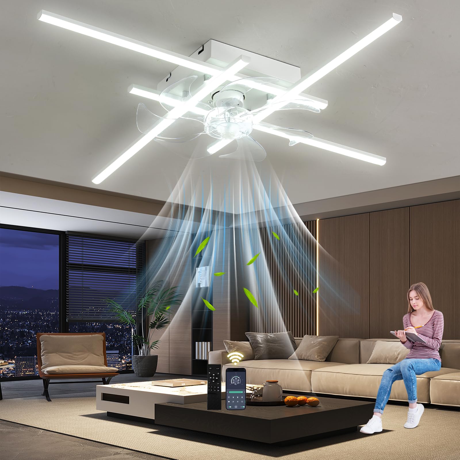 SXDMOUBK Smart Ceiling Fan with Lights and Remote 24W LED Chlier 6-Speed Dimmable Fan Light (3000K-6000K) Reversible & Quiet for Bedroom/Living Room Modern White Design