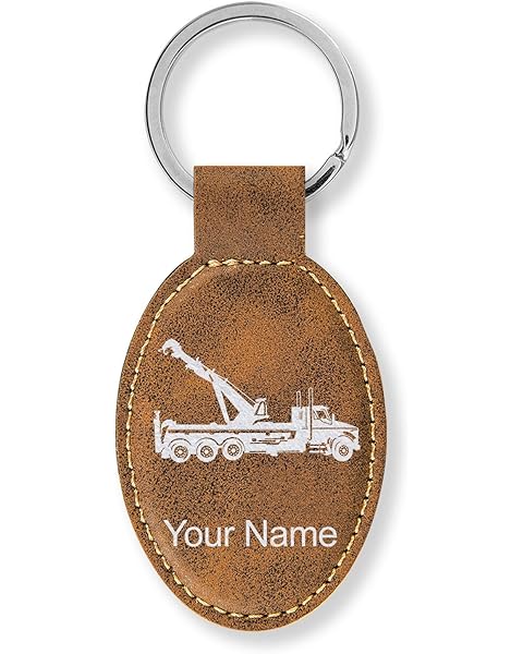 LaserGram Oval Keychain, Tow Truck Wrecker, Personalized Engraving Included (Rustic with Silver)