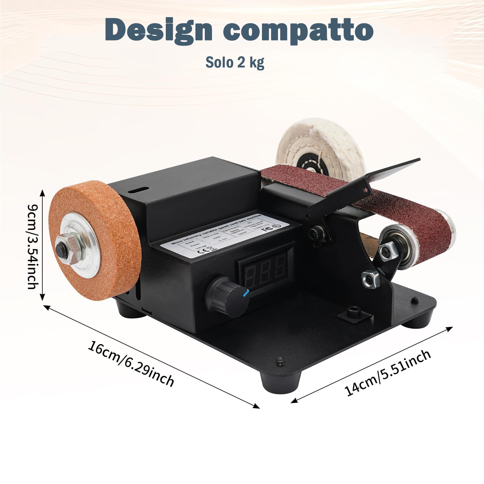 OUKANING Mini Band Sander 350 W Elettrico - Levigatrice a nastro per tavolo da 0-10000 RPM, 7 velocità di regolazione continua della velocità, con 10 nastri abrasivi, disco abrasivo e inserto per