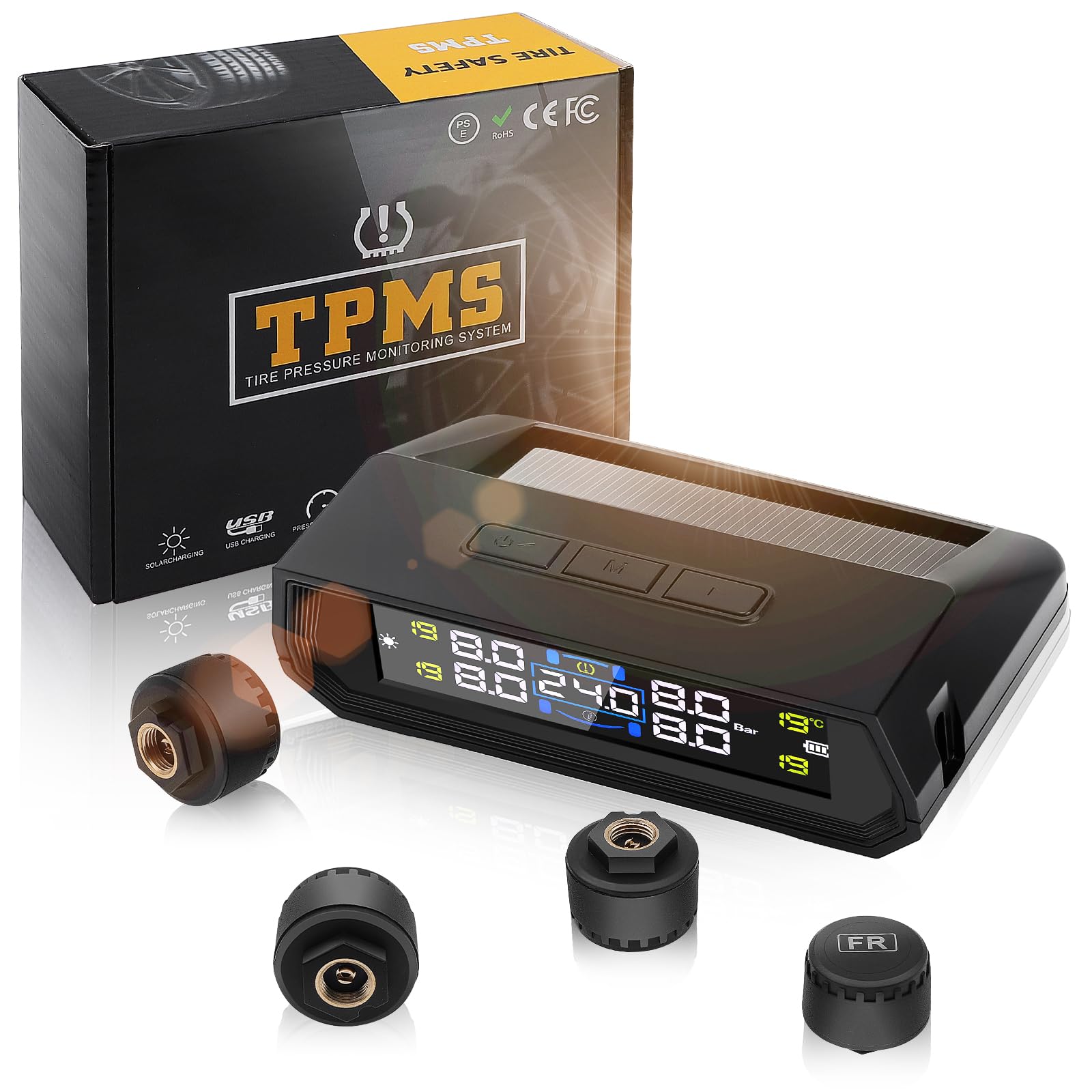 TPMS Sistema di Controllo Monitoraggio con 4 Sensori Esterni Pressione Gomme Auto con Allarme, 73Psi/99Psi, 5bar per Camper
