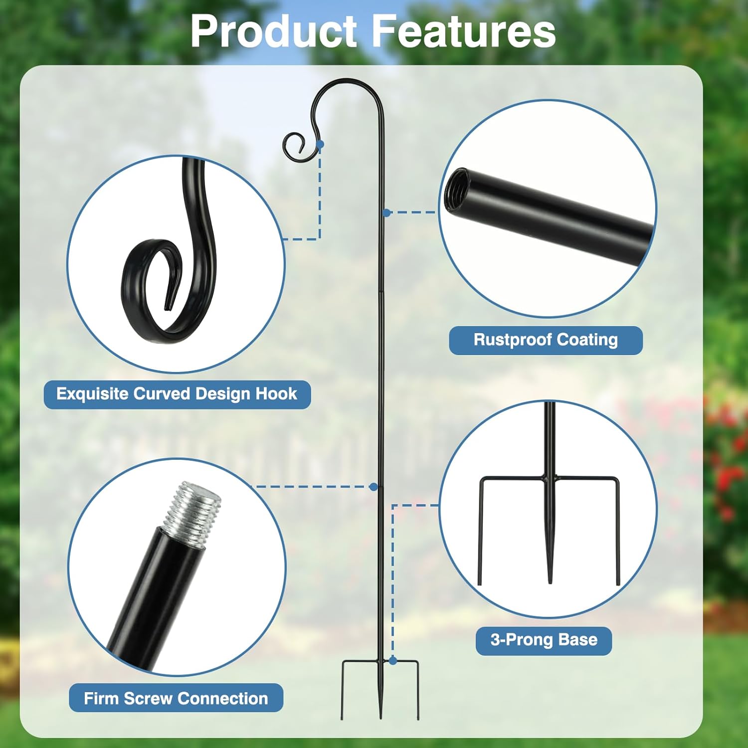 Gezen 10 Pack Curled Shepherds Hooks for Outdoor Bird Feeder Pole 47inch, Rust Resistant Metal Garden Hook, Outdoor Plant Hanger for Lanterns, Solar Lights, Weddings Decor, Adjustable, Black