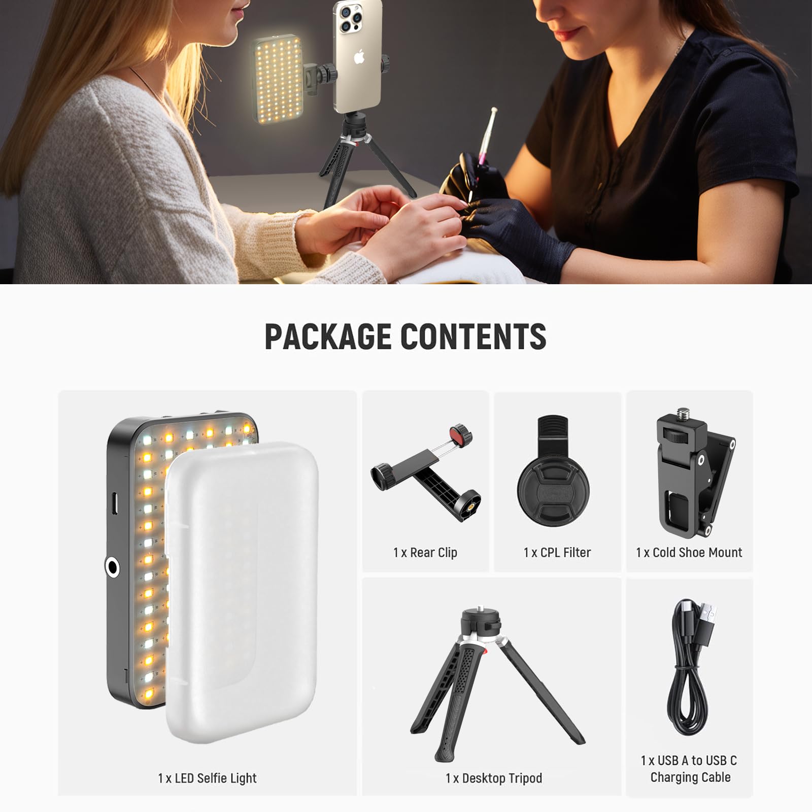 Lampa LED do selfie i tatuażu z soczewką filtrującą CPL 52 mm, obracany o 360°, klips do tatuażu, statyw / uchwyt na telefon, wypełnienie oświetlenia, usuwanie odbicia dla sztuki, żywności, biżuterii