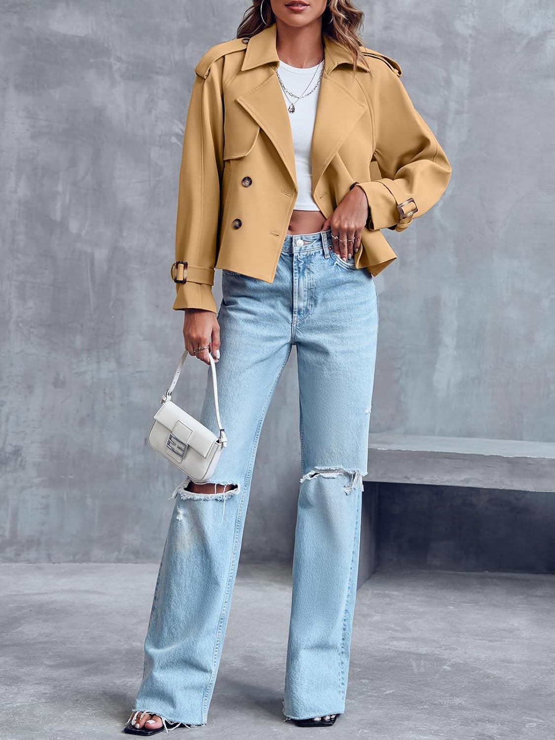 Saodimallsu Women Crop Double Breasted Trench Coat Raglan Sleeve Work Office Cropped Jacket With Pockets - Image 4