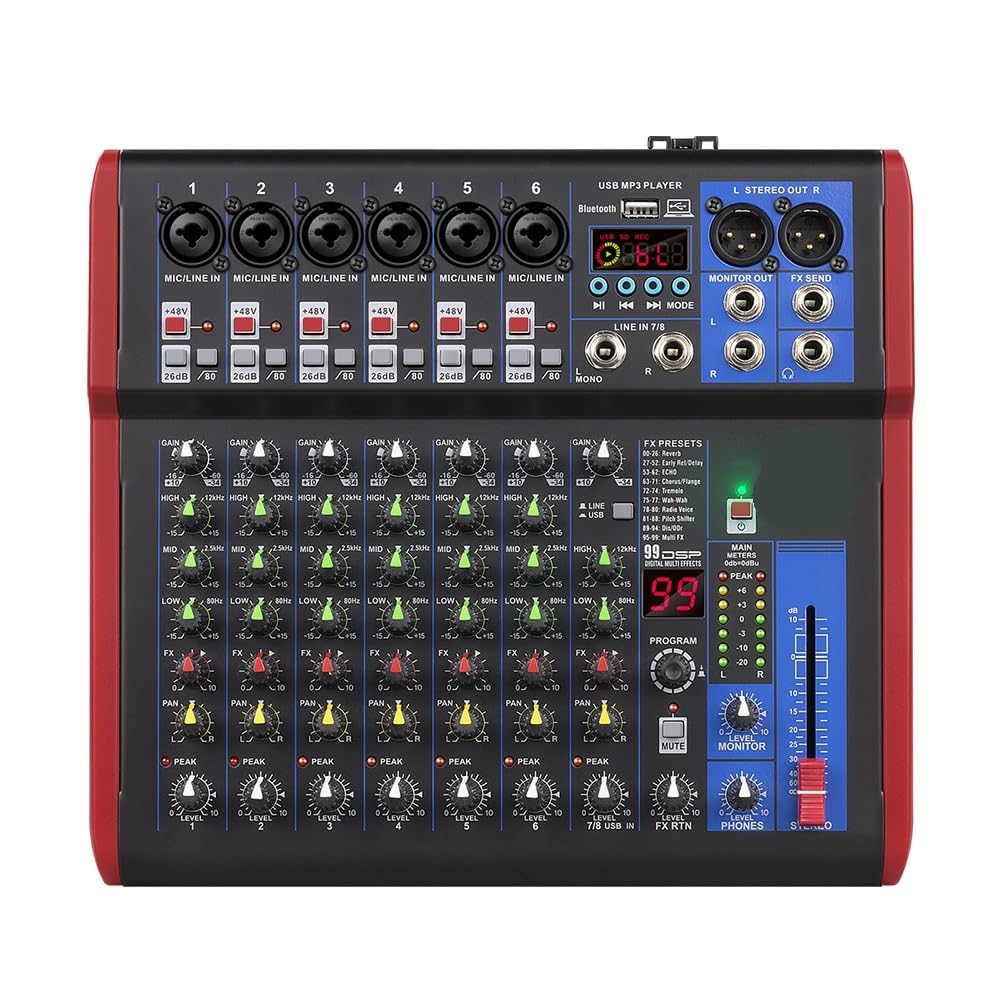 Mixer Audio, Console DJ mixer audio 99DSP con effetti multipli - 2 ingressi microfono/linea