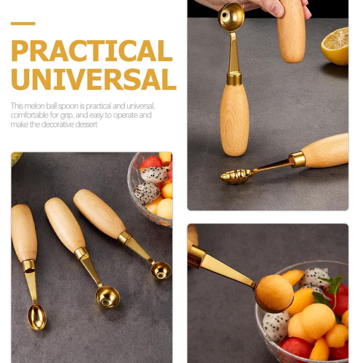 Hacer Bolas de Melón Juego de 4 Cucharas Redondas Fáciles de Usar de Acero Inoxidable y Madera Ideales para Postres Decorativos en Casa