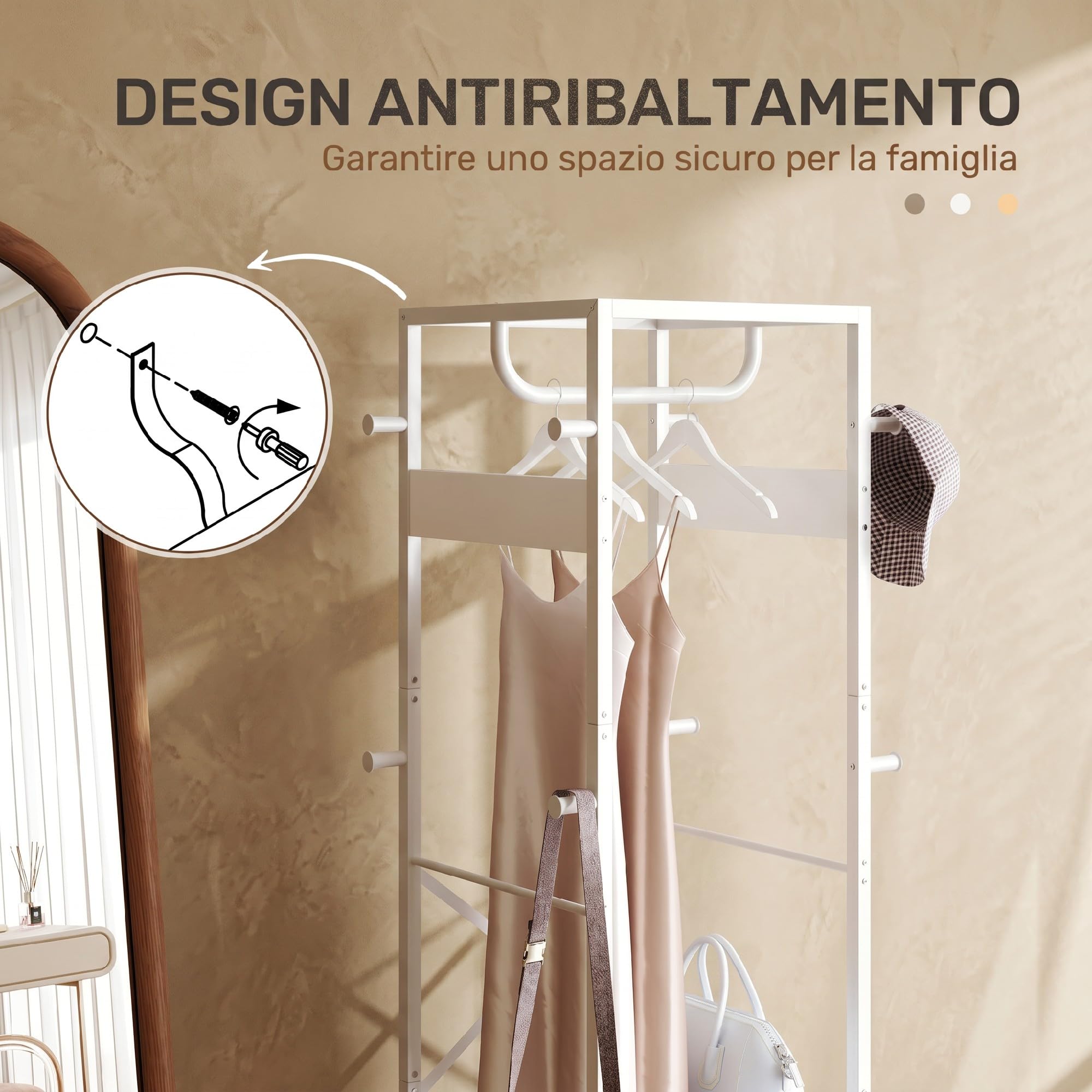 HOMCOM Appendiabiti da Terra con 3 Ripiani Aperti e Asta, Mobile Appendiabiti in Acciaio e MDF per Camera da Letto e Ingresso, 38.5x30x170 cm, Bianco