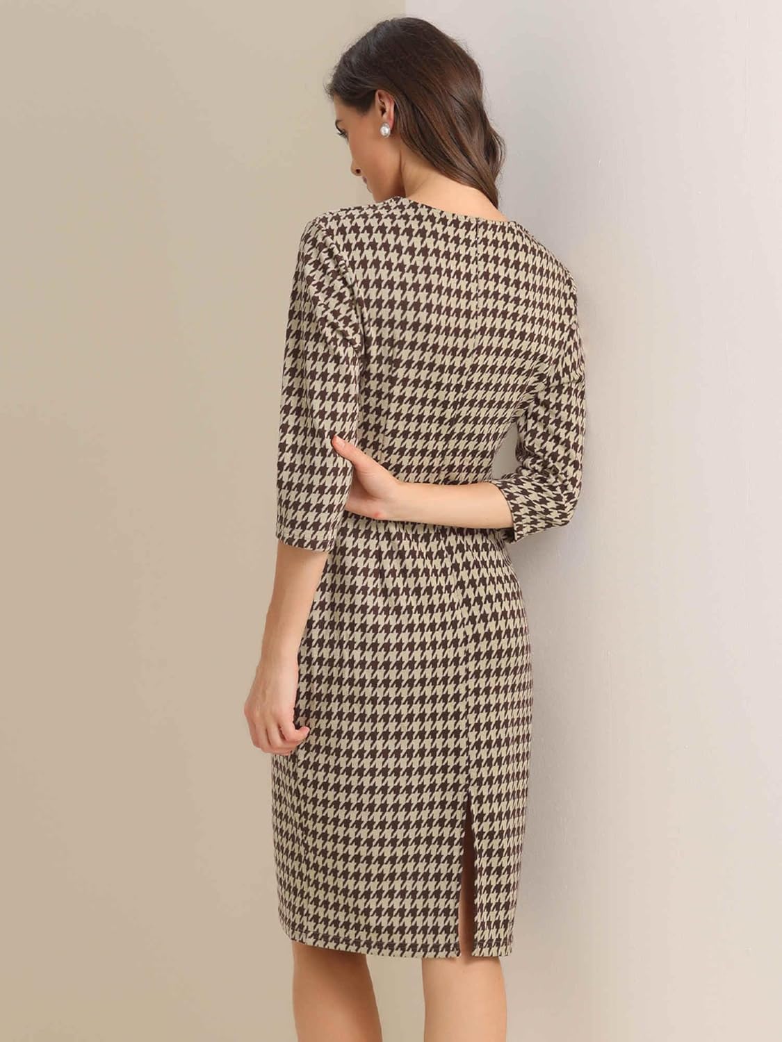 Allegra K Houndstooth Dress for Women Plaid 3/4 Sleeve Crew Neck Back Slit Keen Length Business Casual Elegant Sheath Dresses - Image 3