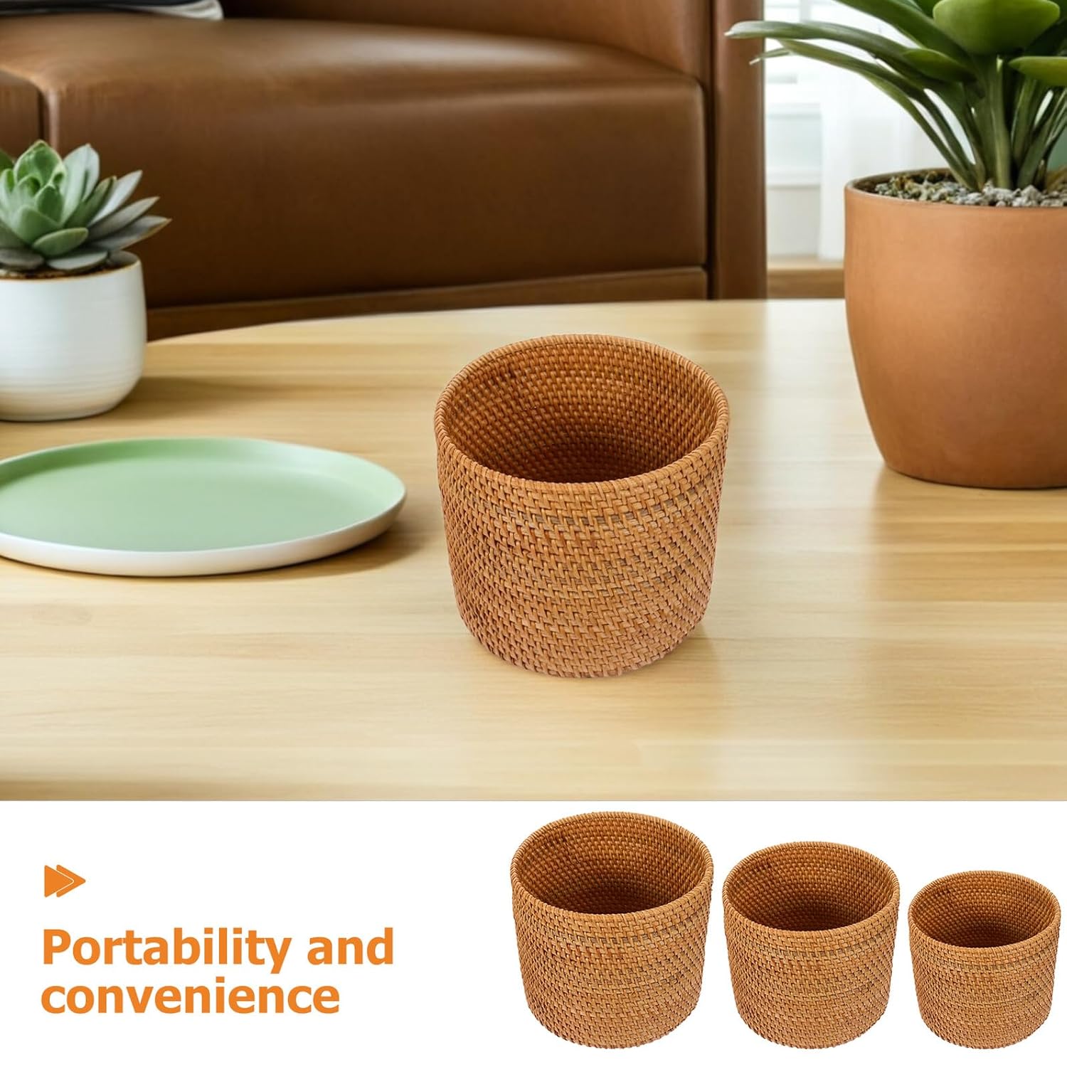 SOLUSTRE 3pcs Rattan Round Wastebasket Set with Small, Medium, Large Sizes Woven Trash Can Storage Basket for Bathroom Office Desk Home Organization