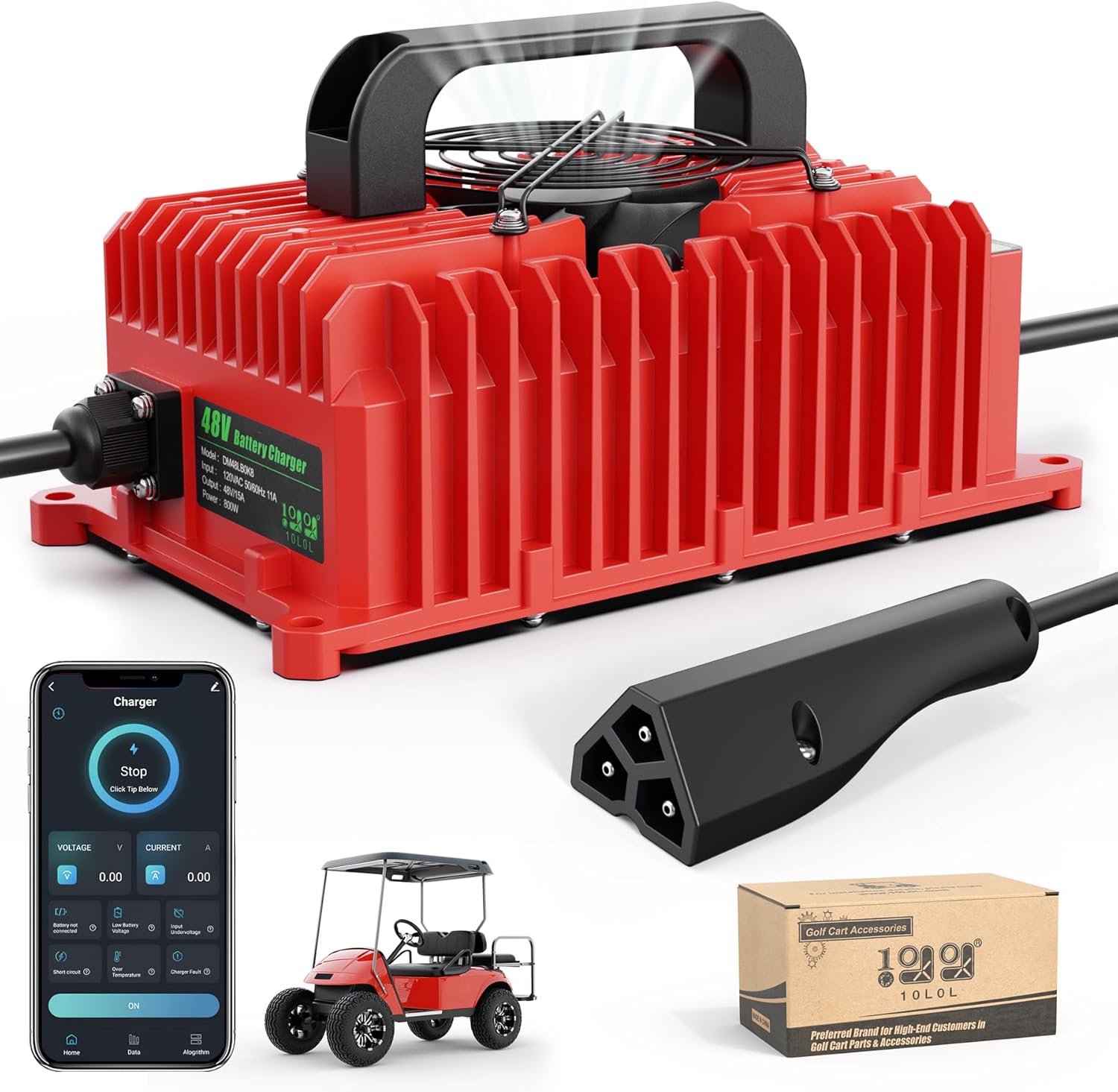 10L0L 15 Amp Golf Cart Charger for EZGO RXV & TXT 48 Volt, Golf Cart Battery Charger Fit for Lead Acid, Lithium, Maintenance-Free Battery with Upgraded 3-Pin Round Plug, Support APP Bluetooth Red