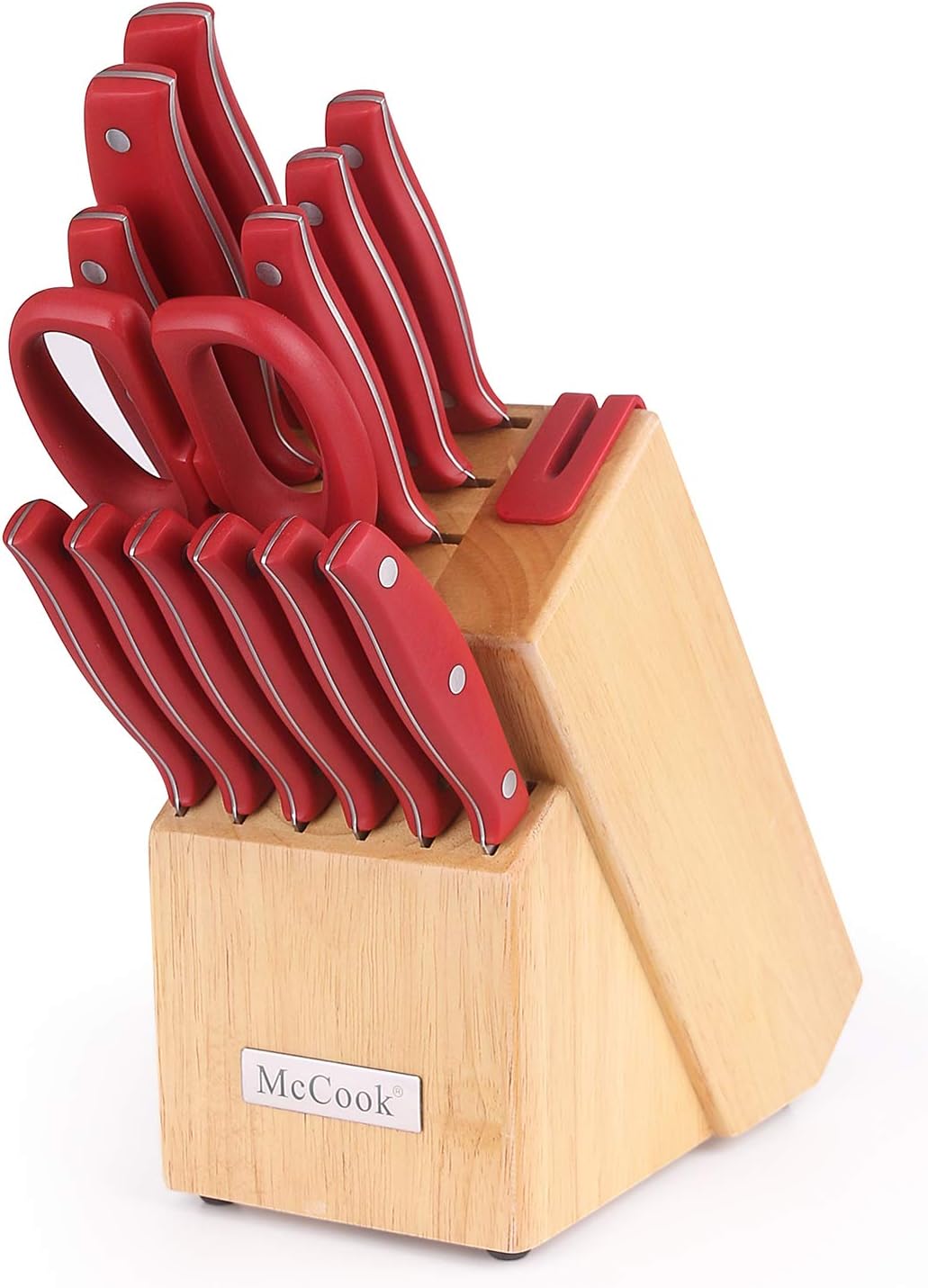 McCook MC49 14 Pieces Full Tang Triple Rivet Kitchen Knife Block Set with Built-in Sharpener and Kitchen Scissor, Red