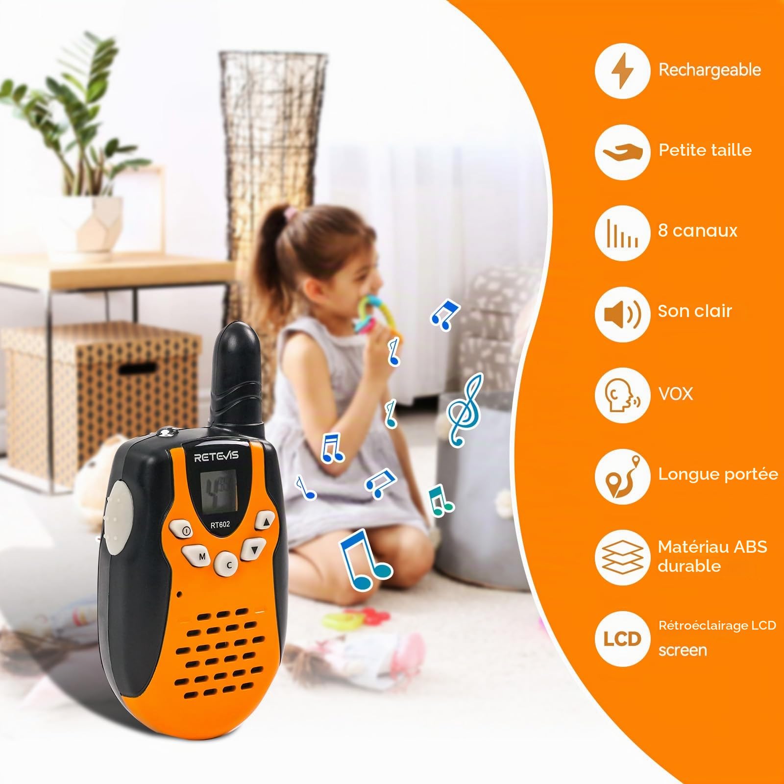 Retevis RT602 Talkie Walkie Enfant Rechargeable avec Base de Chargement et Batterie Li-Ion, Lampe Poche, Cadeau Camping Aventure (1 Paire, Orange)