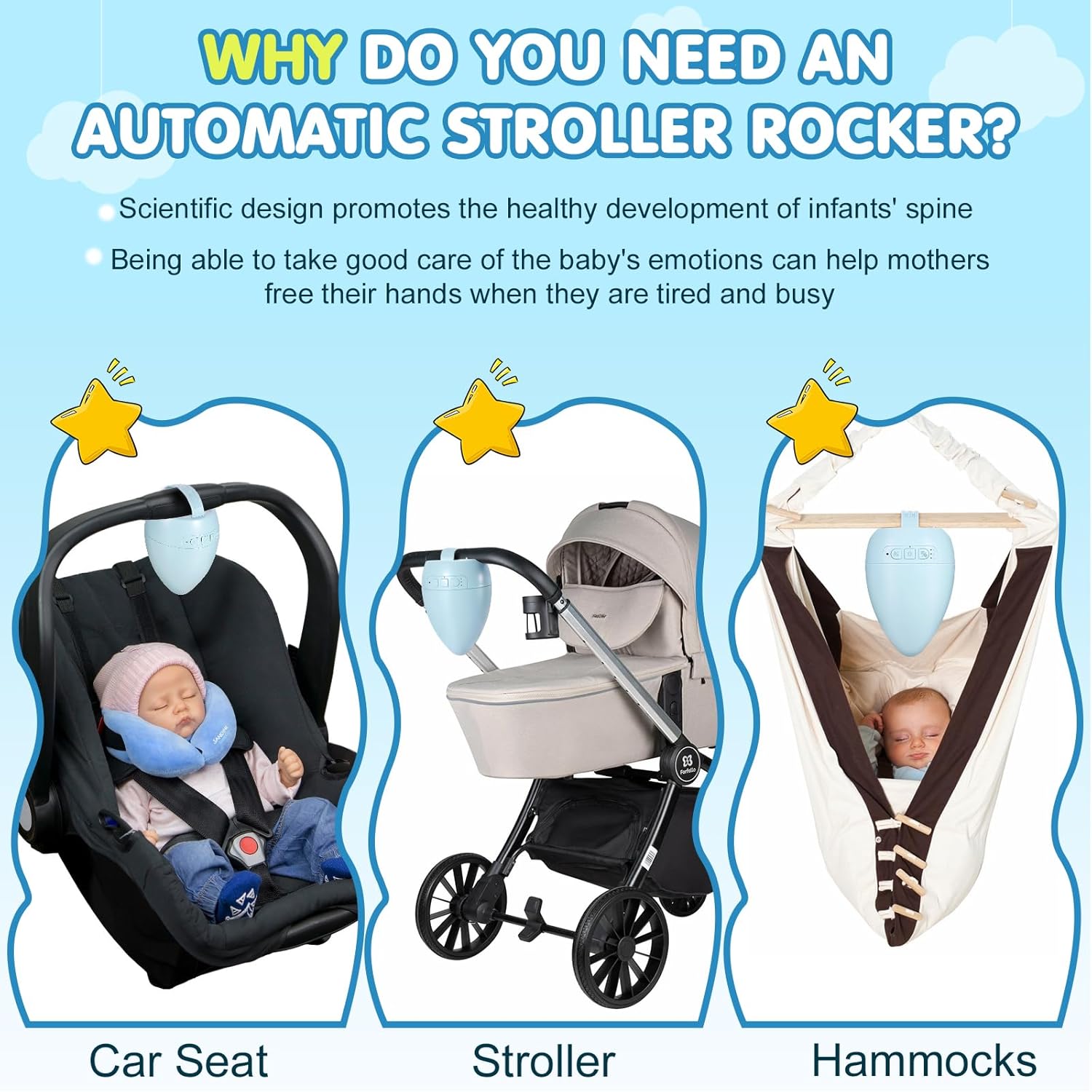 Baby Stroller Rocker Rechargeable, 11 Soothing Sounds Sleep Soother with Cry Activated Sensor, Adjustable Speed with 15,30,45 Minute Timer- Fits All Pushchairs & Prams Create a Baby Bouncer