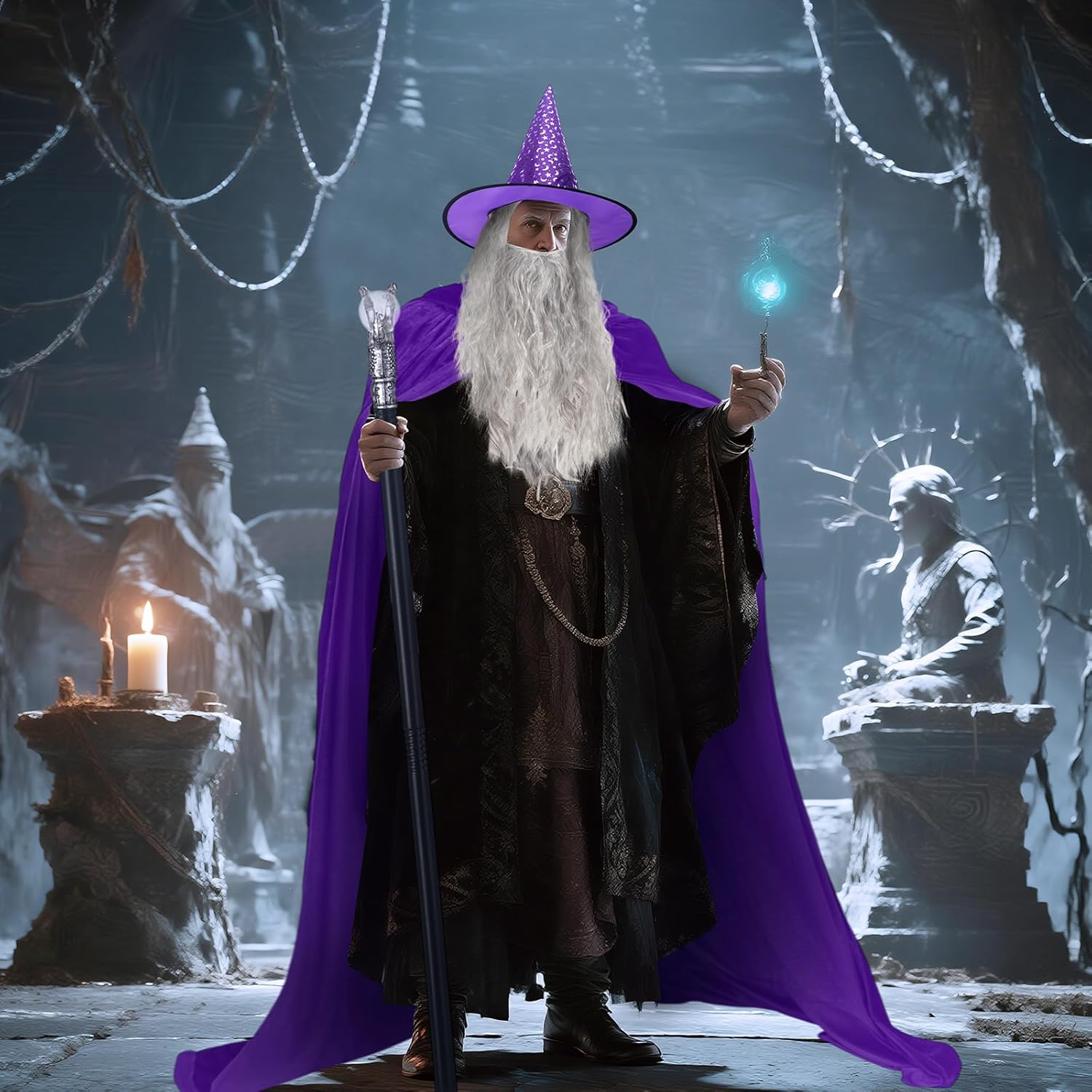 Hicarer 4 Pcs Halloween Wizard Costume Set Include Wizard Hat Cloak Wig Beard Wand Costume Accessories for Adults - Image 4
