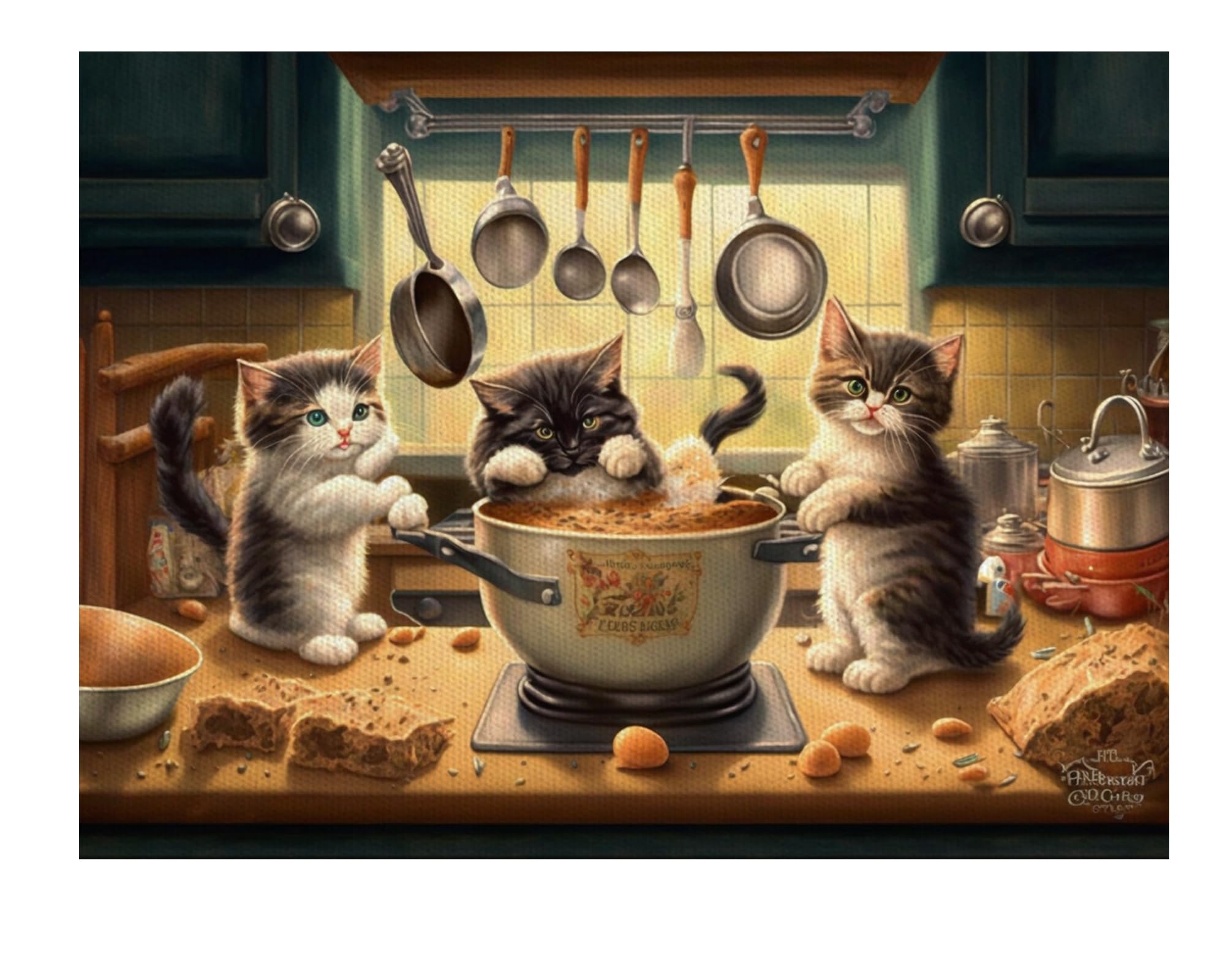 Kitten Kitchen Capers Canvas Wall Art ，Colorful Very Interesting Animal Painting Canvas for Home Wall Decor 8 * 12inch Frameless