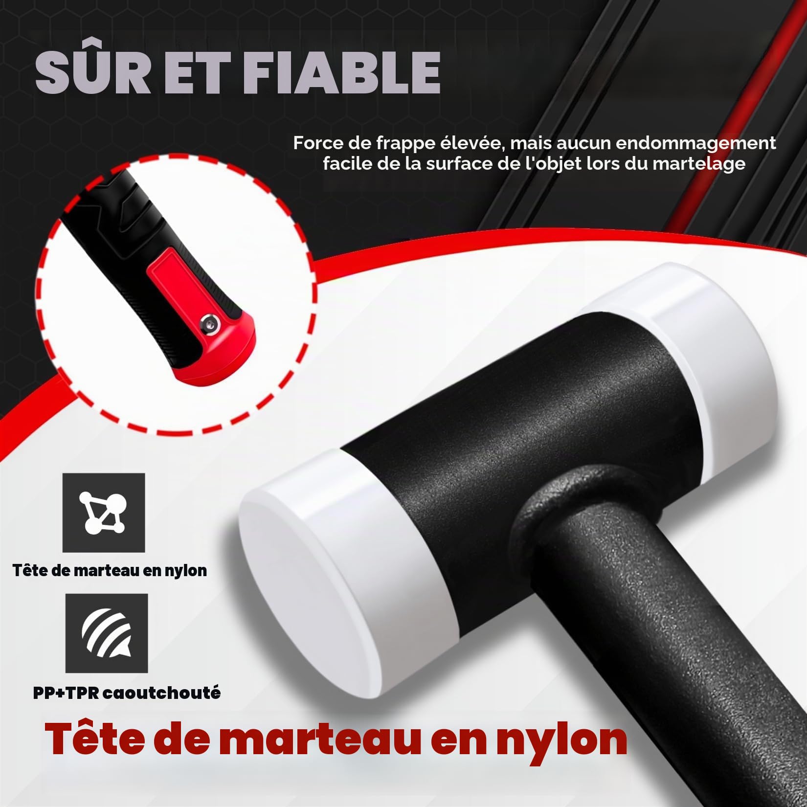 C&T Marteau anti-retour, marteau de protection, maillet souple, diamètre 50 mm, manche en tube d'acier, tête en nylon interchangeable pour l'entretien et le montage