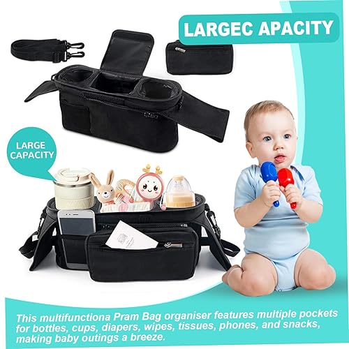Miniatura 4 de Bolsa organizadora de cochecito de gran capacidad con 2 portabotellas Bolsa de cochecito con desmontable, 2 ganchos y correa adhesiva de sujeción