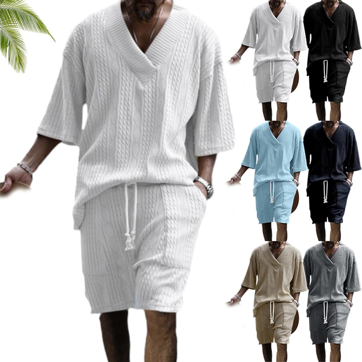 Athleisure Cable Jacquard Set Men, Mens Solid V-Neck 3/4 Sleeve Tee and Shorts, Casual Cable Knit T-Shirt Set Men