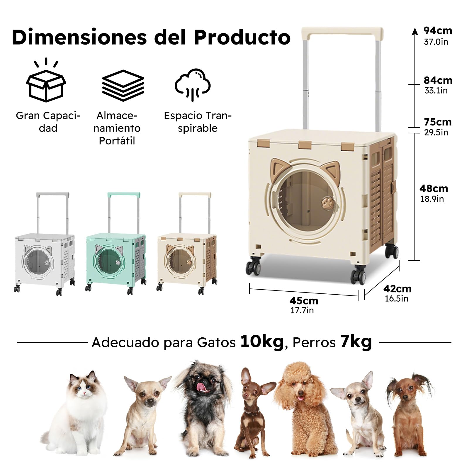 PETCUTE Bolsa de Viaje para Perros,Transportín para Gatos con Ruedas,Transportín Multiusos para Mascotas para Perros y Gatos Pequeños con Asa Telescópica,para Viajes, Senderismo,Paseos,Caqui