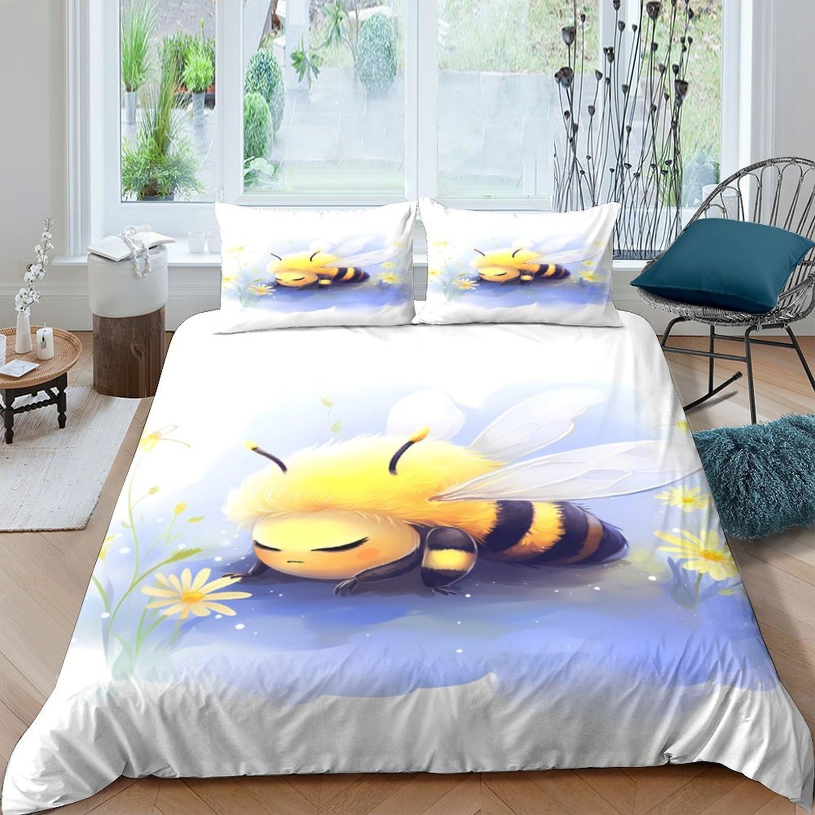 Ctjqhvkz Style-10 3D Printed Cute Bee Fitted Sheet Microfiber Soft Yellow Cartoon Flower Mattress Cover For Bedroom Guest Room Decor Single（135X200cm）