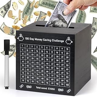 100 Day Money Saving Box, Unbreakable $5,050 Wooden Savings Challenge Box Saver, Must Break to Open Coin Money Challenge Cash Vault Saving Box Tracker Number Piggy Bank Holder, Black
