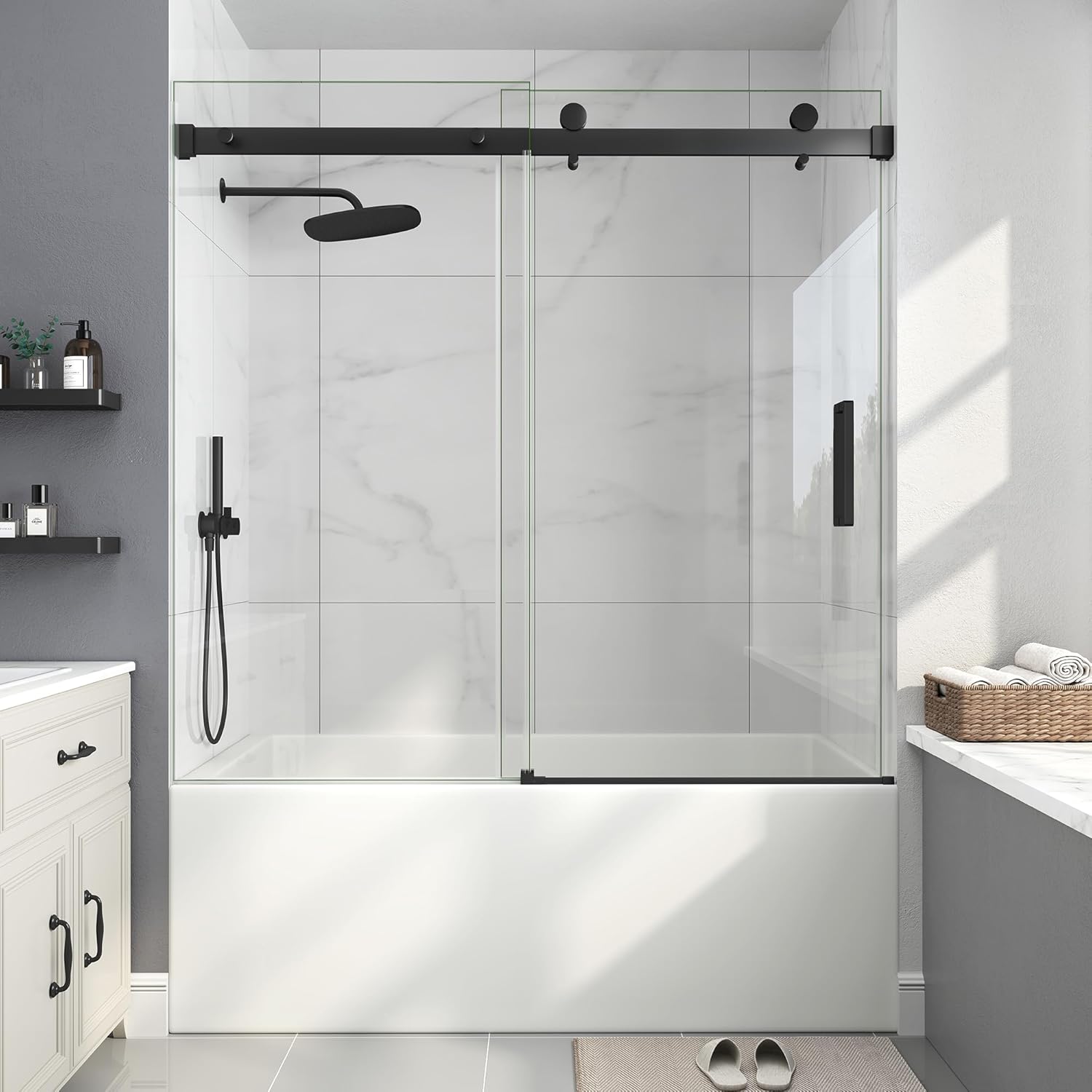 EASYWORC Frameless Sliding Bathtub Shower Door 55-60" W x 60" H, 1/4" Tempered Glass Matte Black Nano Coating