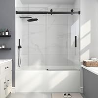 EASYWORC Frameless Sliding Bathtub Shower Door 55-60" W x 60" H, 1/4" Tempered Glass Matte Black Nano Coating