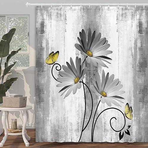 Miniatura 2 de VeiVian Cortina de ducha rústica de granja, cortina de ducha de madera con margaritas grises y mariposas en madera campestre para baño, cortina de