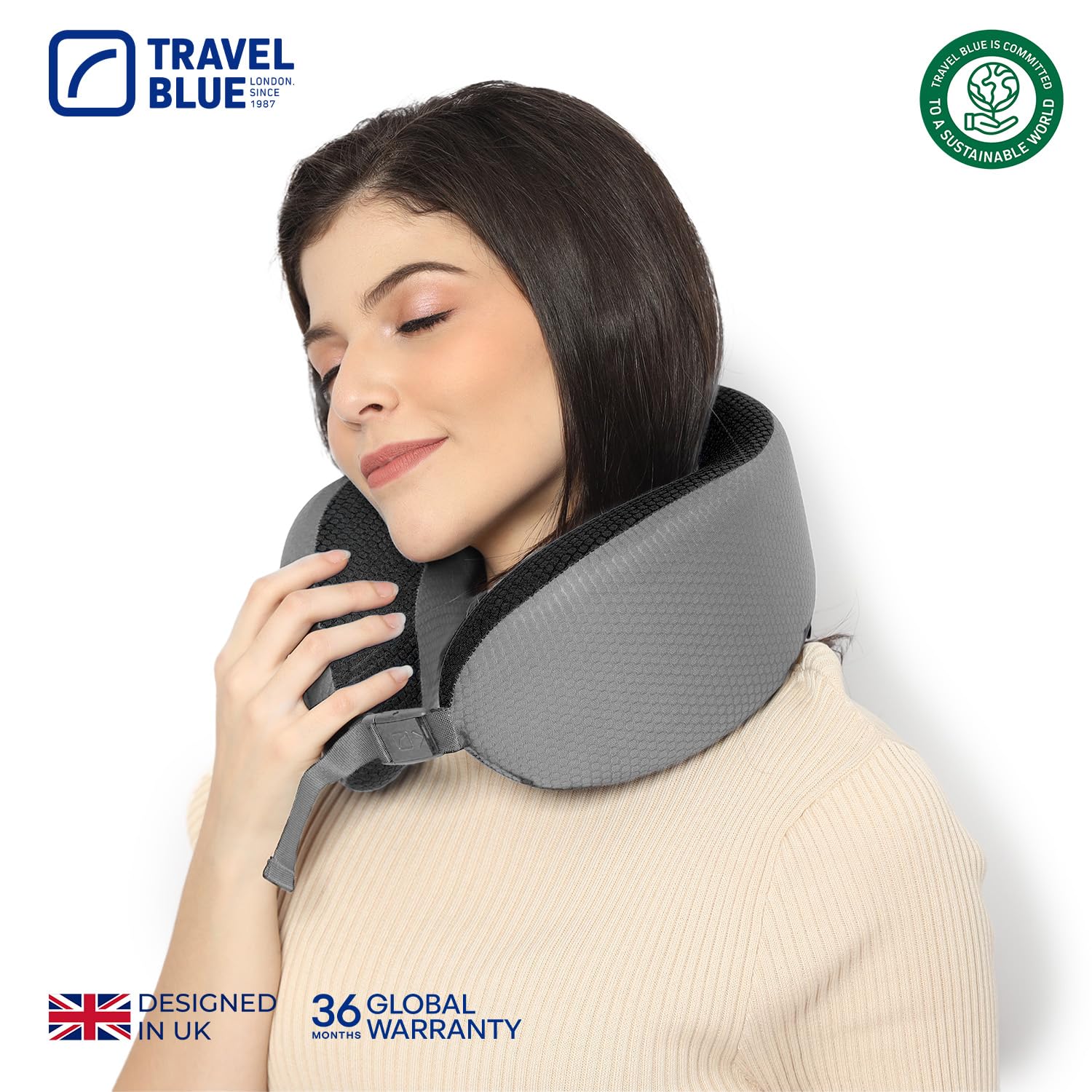 Travel Blue Dreamer Cojín cervical de avión – Almohada de espuma viscoelástica para viajes, cojín de viaje en avión con material de malla transpirable, funda extraíble, gran comodidad y apoyo (gris)