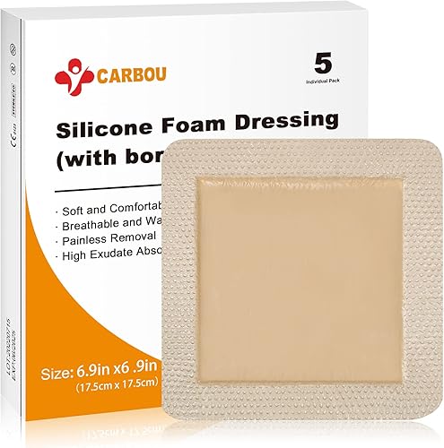 Carbou 5 vendajes de espuma de silicona de 7 x 7 pulgadas (6.9 in x 6.9 in) – Apósito de espuma sacro para el cuidado de heridas con adhesivo de