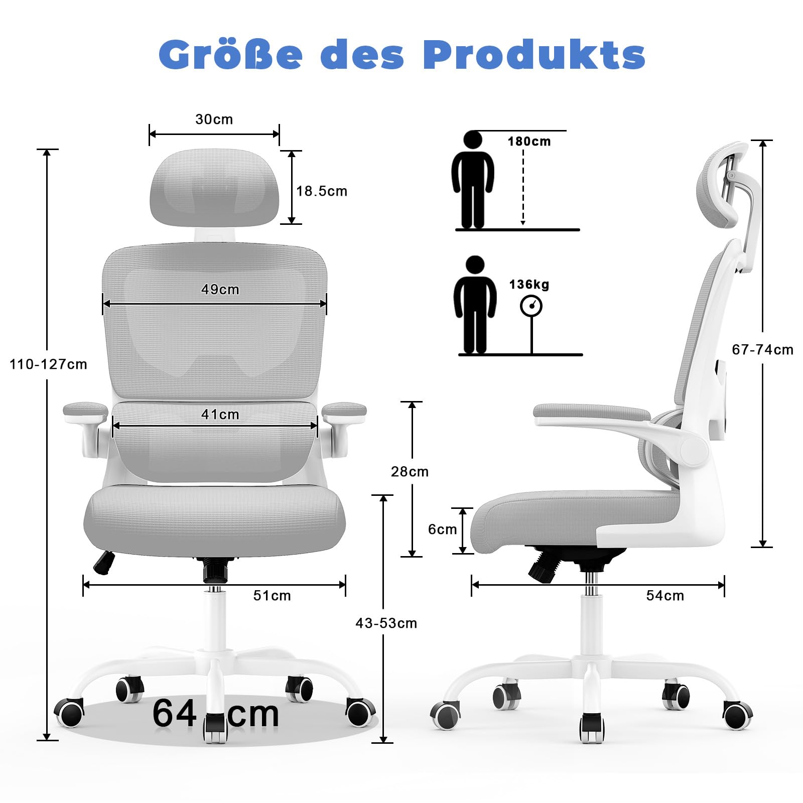 naspaluro Bürostuhl, Ergonomischer Schreibtischstuhl mit Verstellbarer Kopfstütze, Armlehnen, Dynamischer Lordosenstütze, Drehstuhl mit Atmungsaktivem Netzbezug für das Home Office, Hellgrau