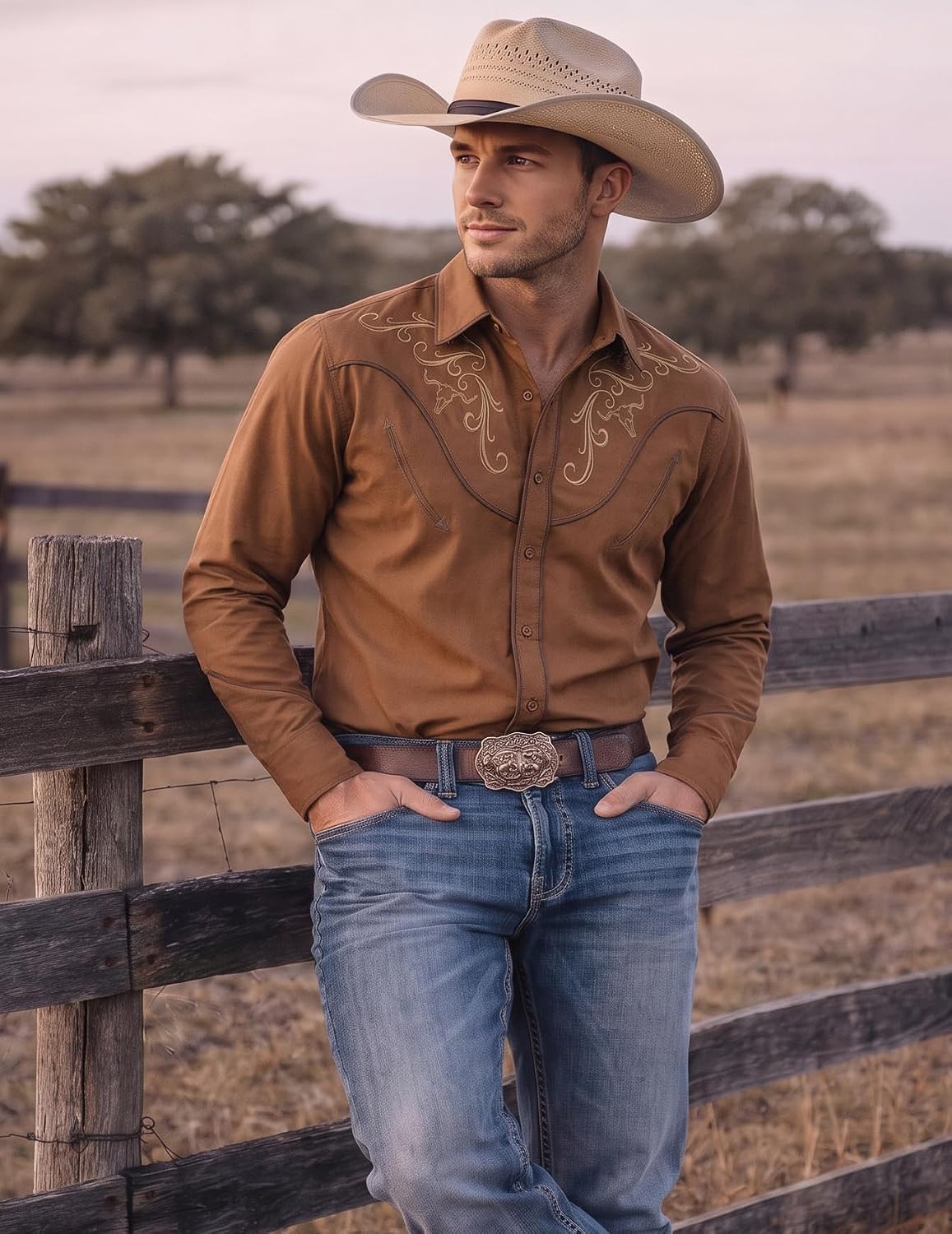 COOFANDY Men's Cowboy Shirtss Embroidered Rose Design Shirts Western Long Sleeve Button Down Shirts