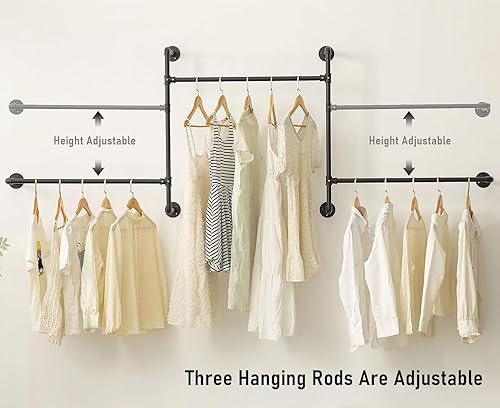 Miniatura 4 de Perchero industrial para ropa de pared con rieles de ropa de tubería, barras colgantes de ropa resistente, organizador de armario que ahorra espacio