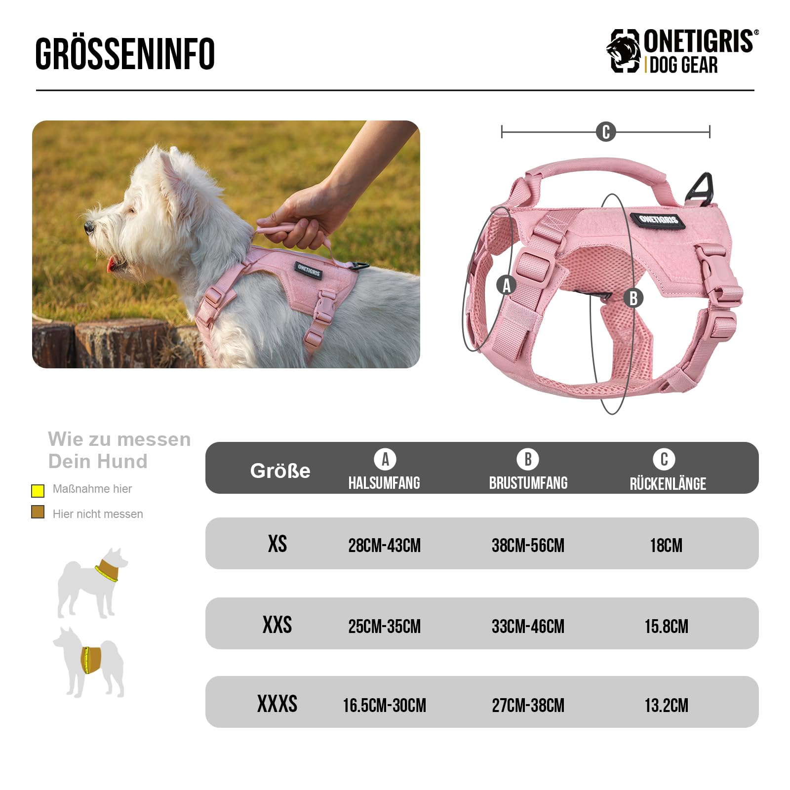 OneTigris Imbracatura per cani di piccola taglia con guinzaglio (150 cm), mini trooper cucciolo con manico di controllo e 2 posizioni di traino per cani di piccola taglia, rosa XXS