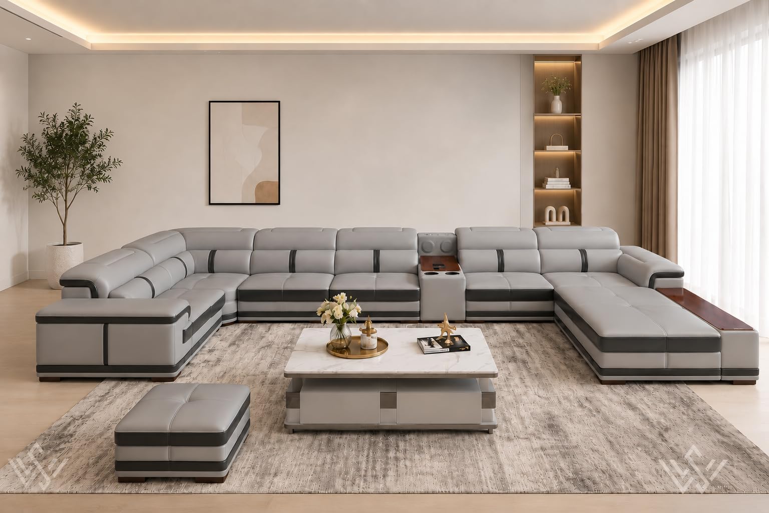 Luxury 8 Seater U Shape Sofa Set | White Leatherette Sectional Couch with Cup Holders Without Centre Table for Your Living Room/Office/Dining Room/Hall (Color - Grey) Pack of 1