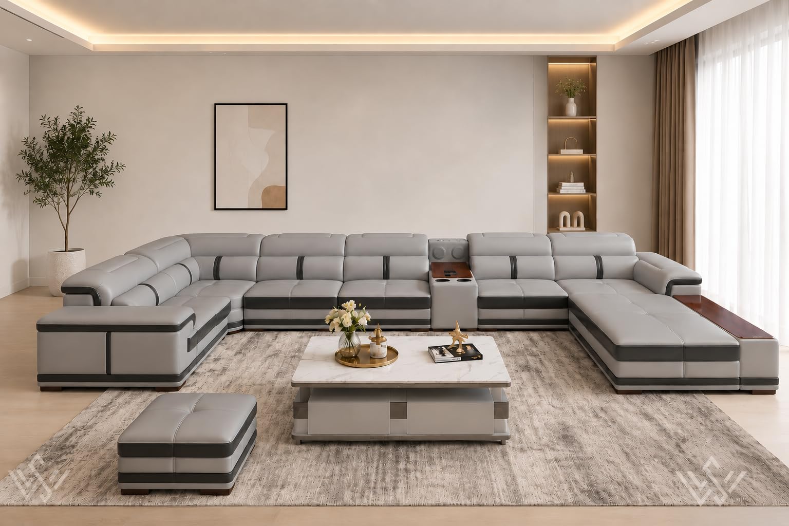 Woodsfreak Luxury 8 Seater U Shape Sofa Set | White Leatherette Sectional Couch with Cup Holders Without Centre Table for Your Living Room/Office/Dining Room/Hall (Color - Grey) Pack of 1