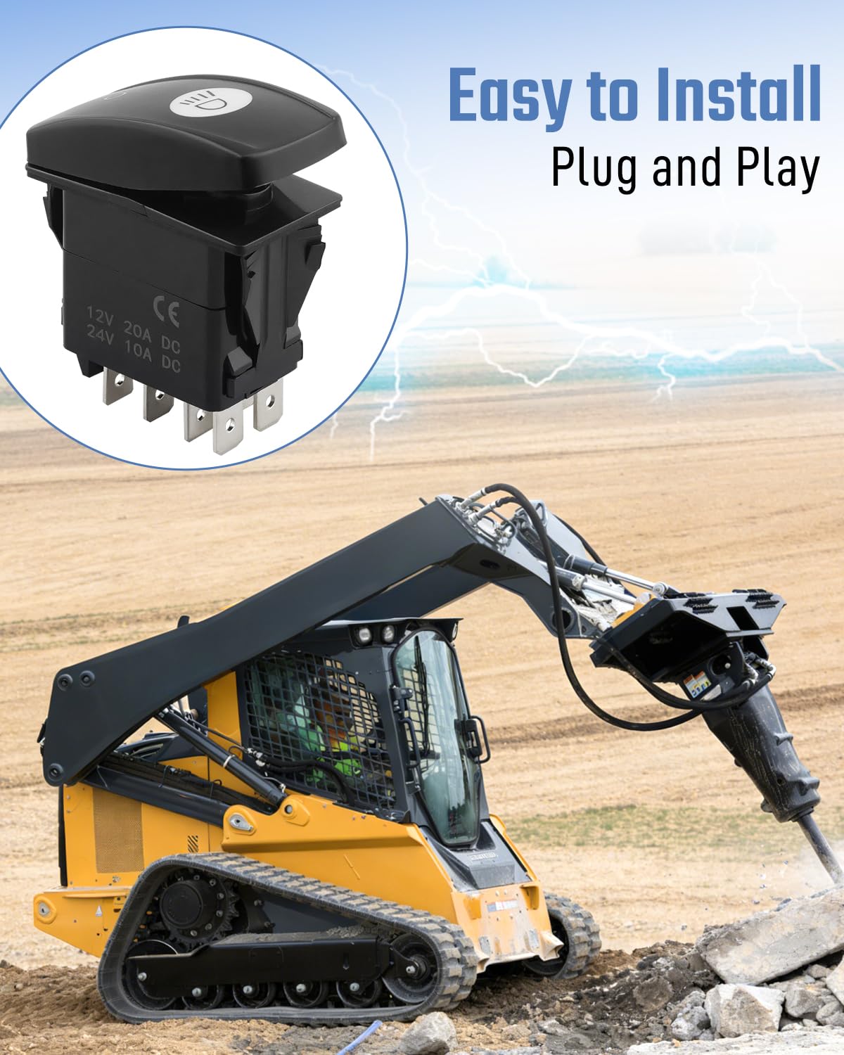 8P ON-Off-ON Work Light Rocker Switch AT309435 Fit for 313 315 317 320 325 328 332, Skid Steer & Track Loader, Green Light, 12V 20A,Replace AT309435