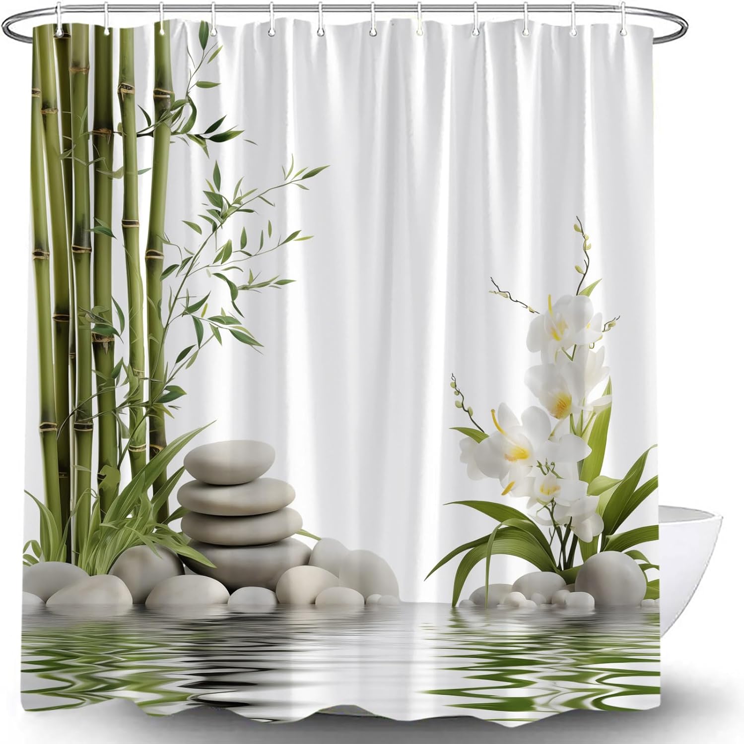 Stone Floral Shower Curtain White Flower Spa Water Green Leaves Spring Garden Scenery Meditation Asian Style Massage Relax Plant Bath Curtain with Hooks