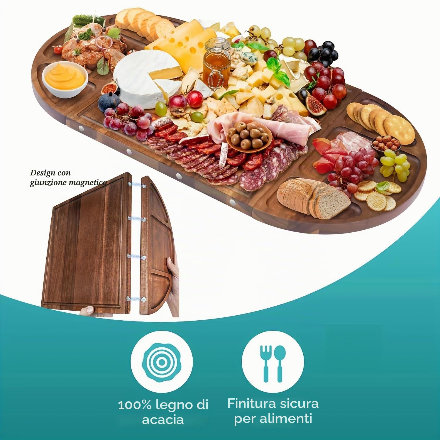 Set di taglieri per salumi in legno di acacia grande, 66 x 33 cm, con 5 coltelli da formaggio e vassoio da portata magnetico a 3 sezioni - Perfetto per bridal shower, inaugurazione della casa e regali