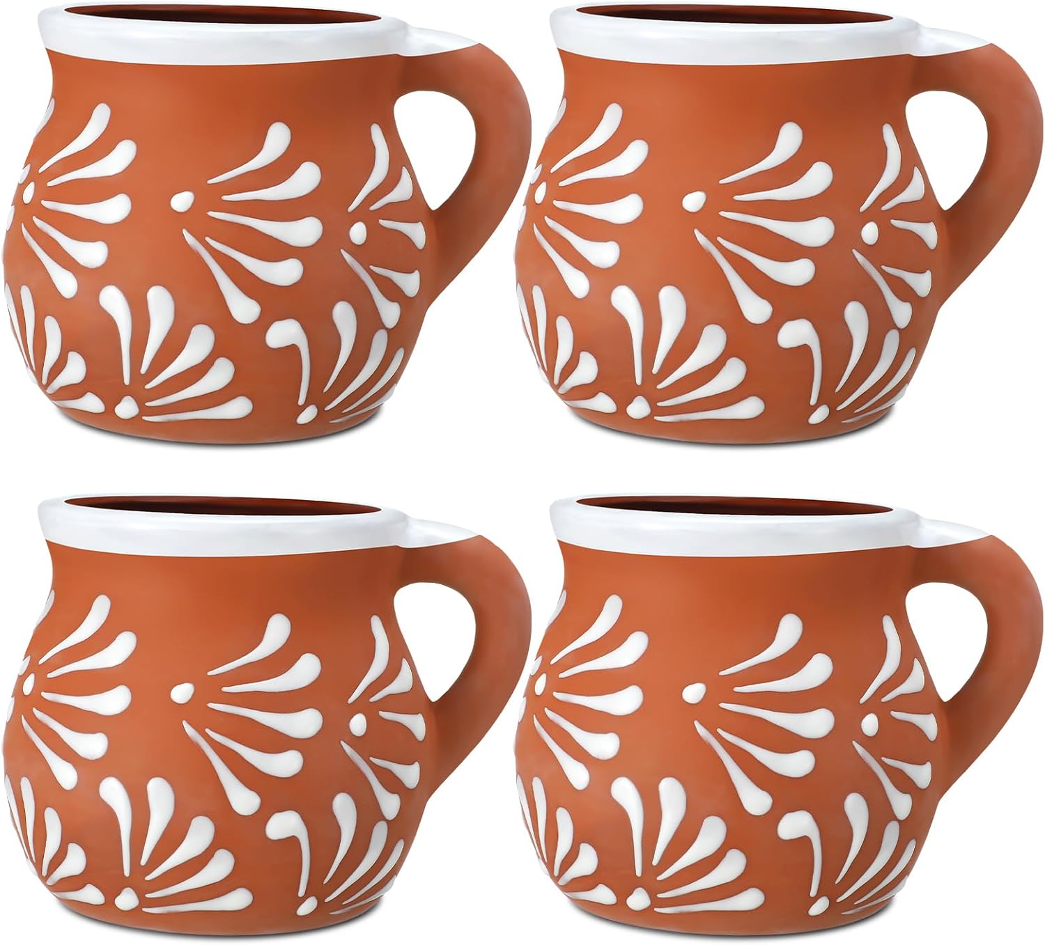 Baderke 4 Pack Mexican Pottery Mugs Mexican Coffee Mugs Clay Cups for Women Men Birthday Graduation Wedding Holiday Parties Gifts, White Terracotta Design, 12 oz