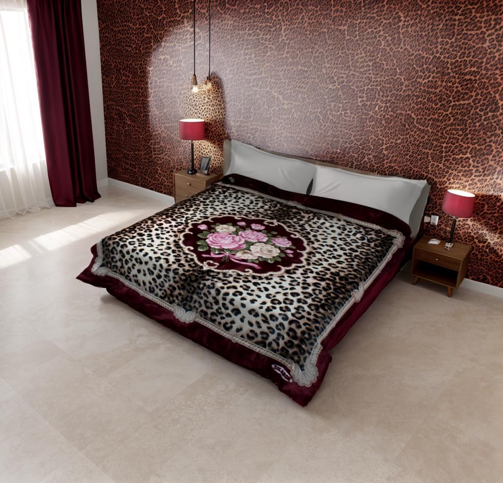SOLARON Korean Super Thick Heavy Weight Ultra Silky Soft Mink Heavy Duty Reversible Blanket Bed comforters bedspreads Bedding Comforter King or Queen (Queen, 109 Leopard Burgundy)