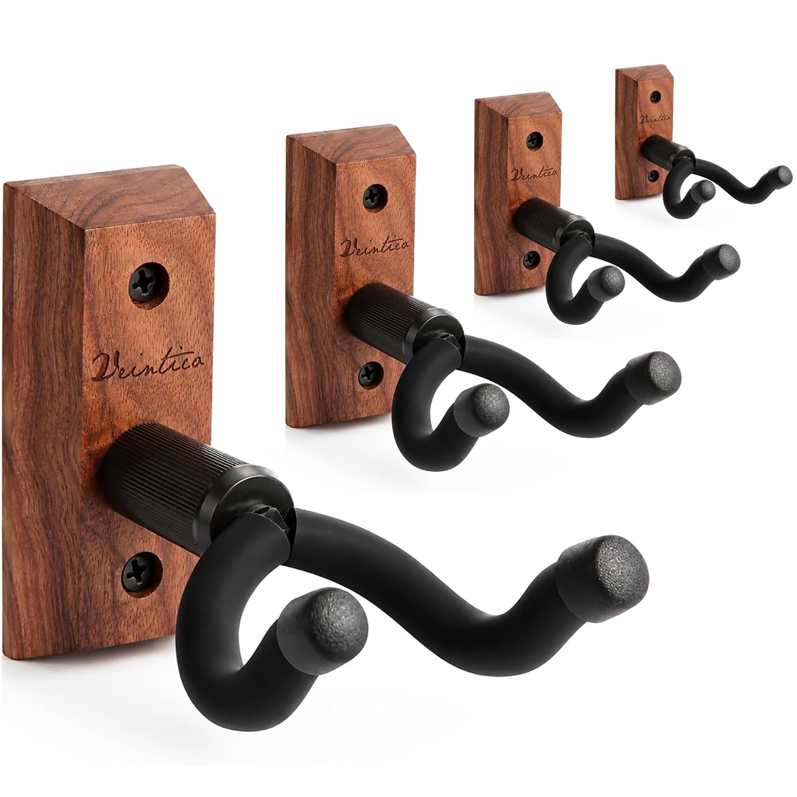 Paquete de 4 soportes de pared para guitarra, ganchos para guitarra, soportes para guitarras acústicas y eléctricas, bajo, banjo, mandolina, base de madera de nogal negro.
